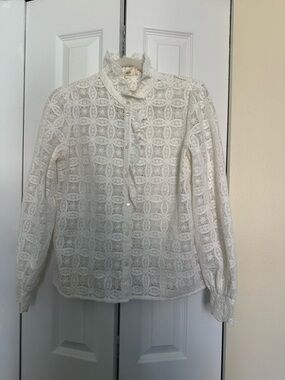 Sezane Lace Ruffle High-Neck Blouse - White